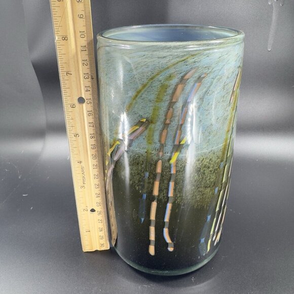 Vintage 1977 Hand Blown Art Glass Cylinder Vase Vessel Spoon Rest Artist Signed - Picture 5 of 15